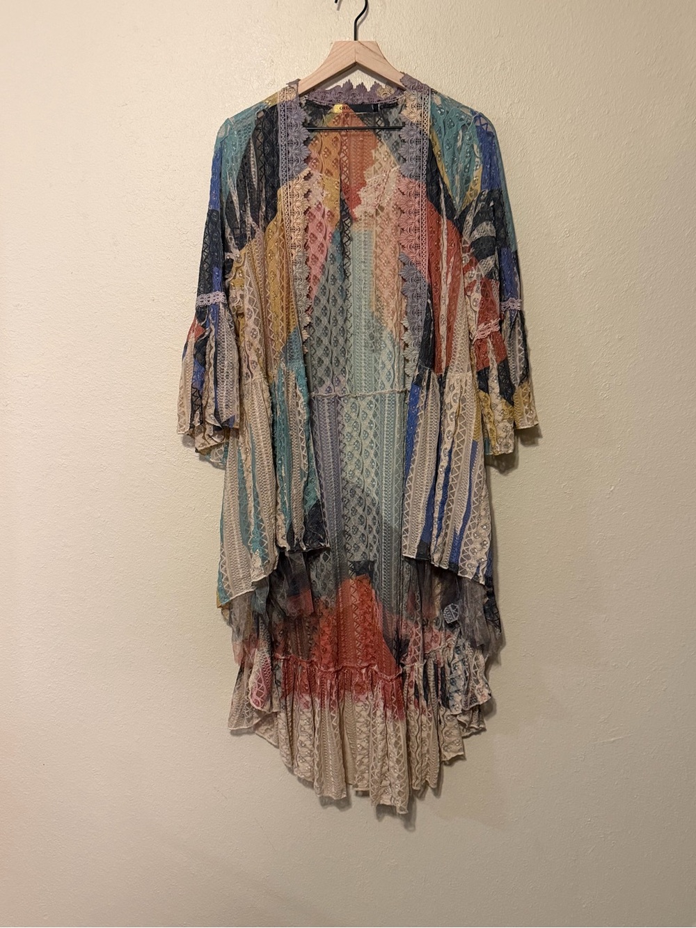 Origami Lace Bell Sleeve Romantic Open Front Duster Kimono Size Medium